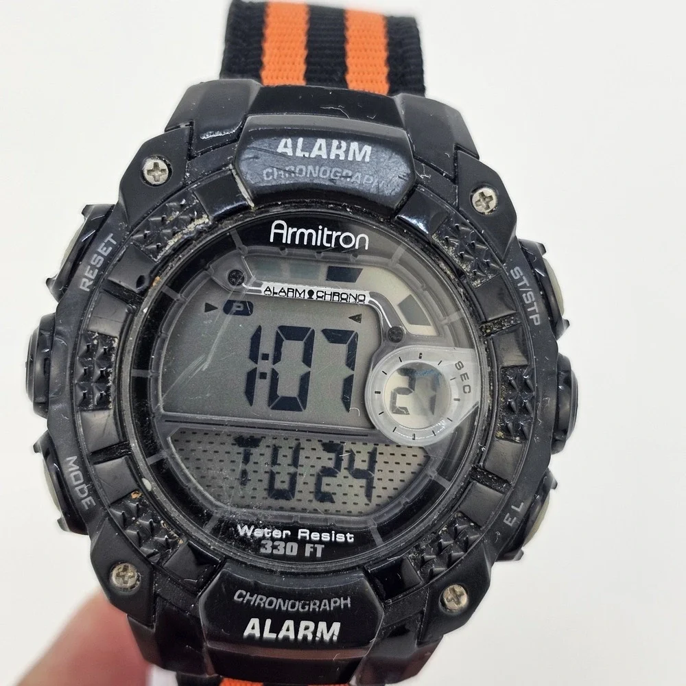Armitron Men's Digital Sport Watch 48MM‎ Black Case NEW Orange Black Nylon Bands